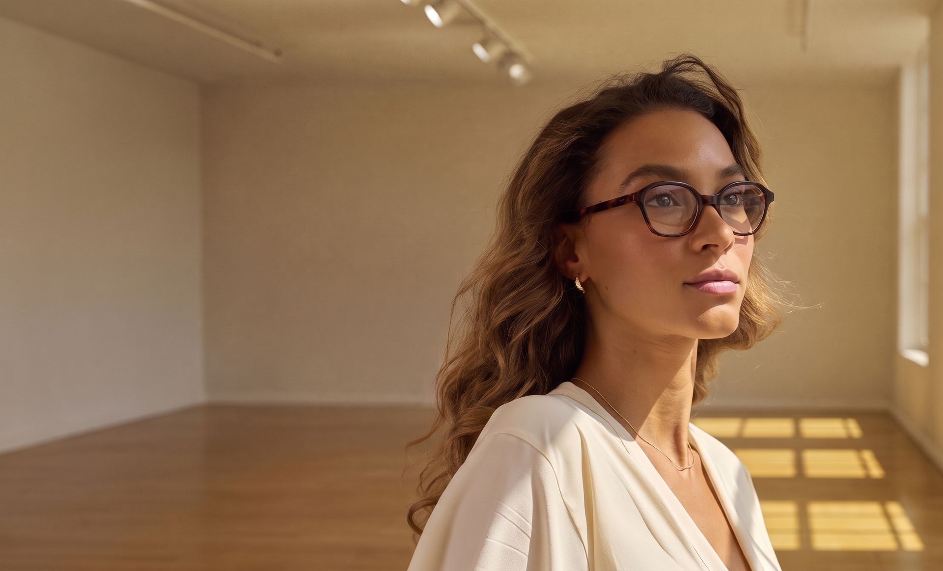 Mulher elegante usando óculos de grau tartaruga em ambiente iluminado
